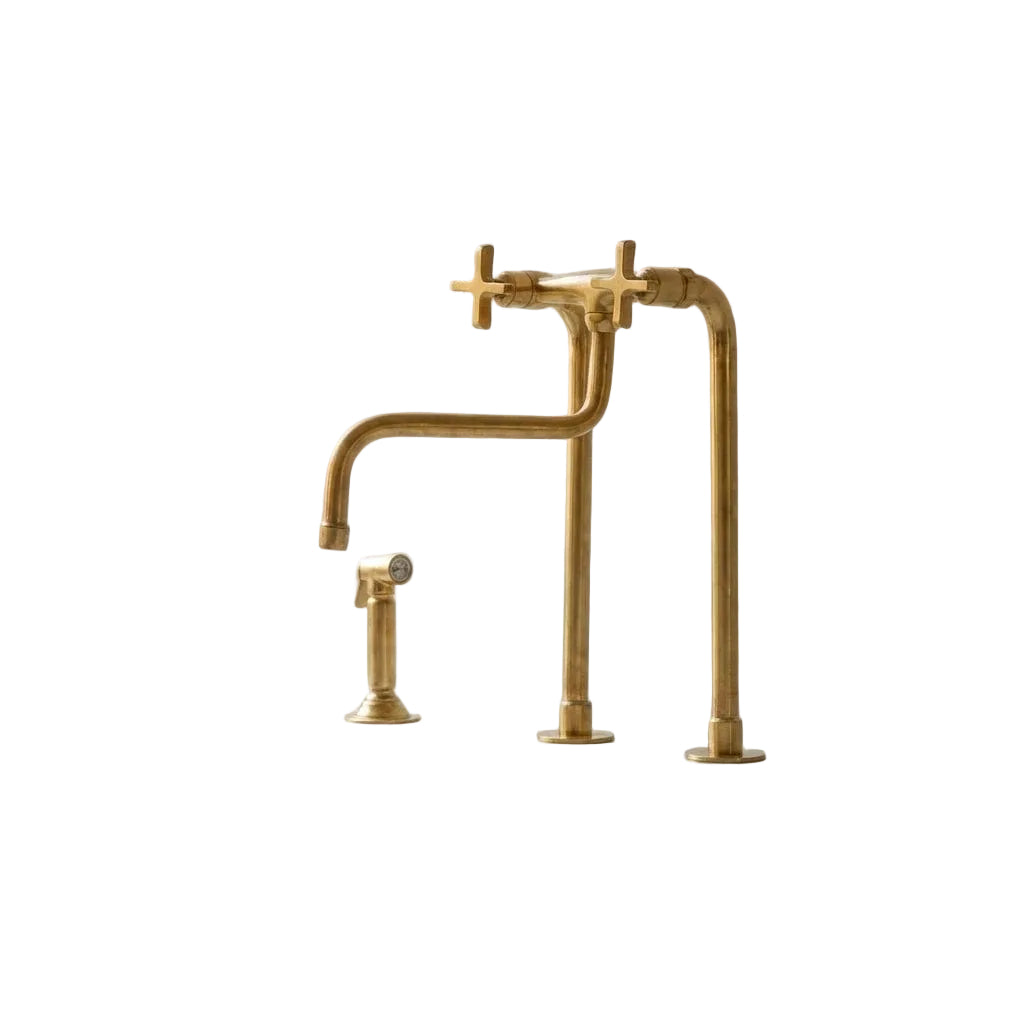 Unlacquered Brass Bridge Kitchen Faucet – Tall Farmhouse Sink Tap with Cross Handles & Sprayer