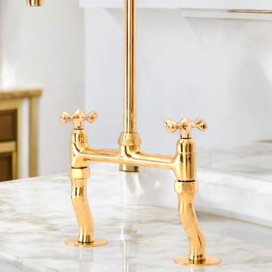 Unlacquered Brass Bridge Kitchen Faucet - Victorian Two-Handle Tap