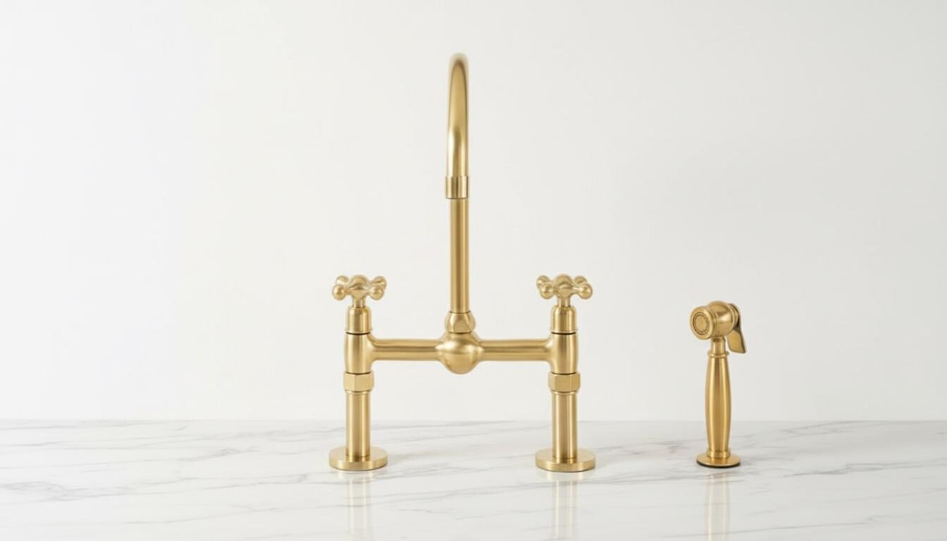 Unlacquered Brass Bridge Kitchen Faucet - Vintage Cross Handle Tap
