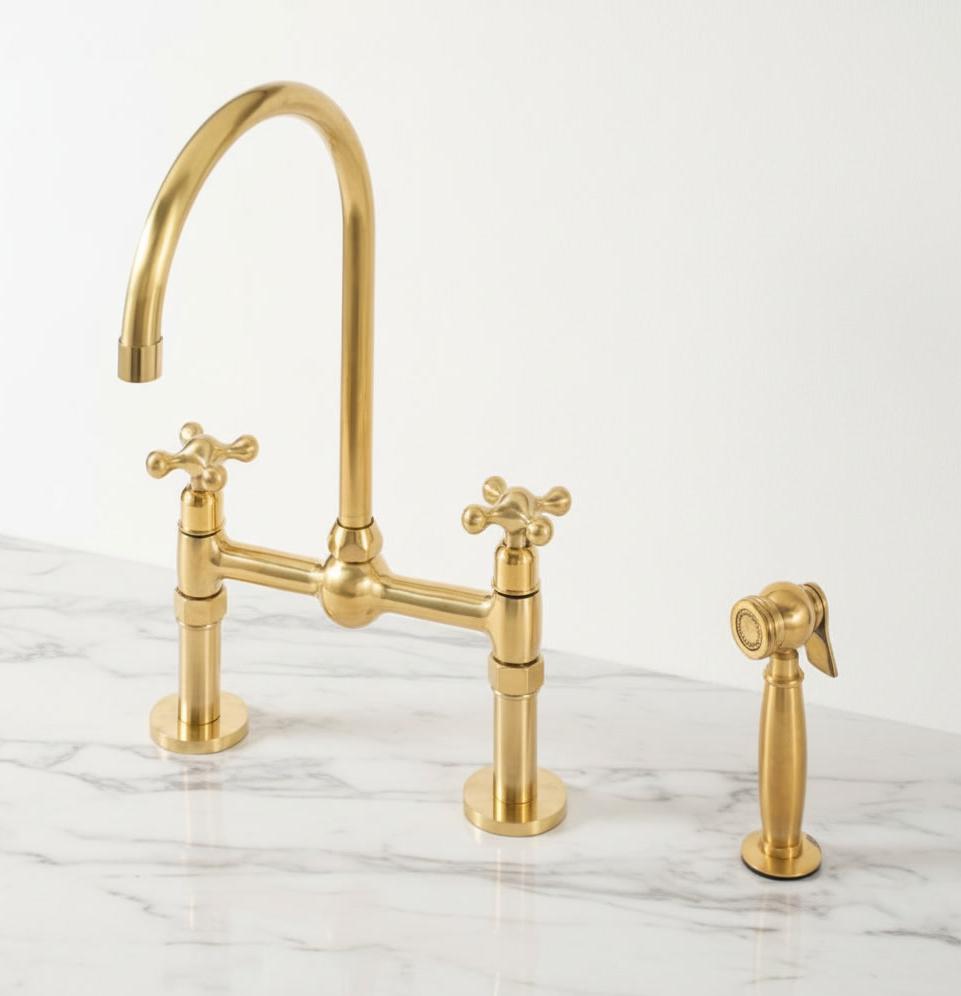 Unlacquered Brass Bridge Kitchen Faucet - Vintage Cross Handle Tap