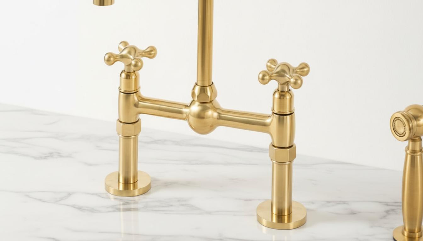 Unlacquered Brass Bridge Kitchen Faucet - Vintage Cross Handle Tap