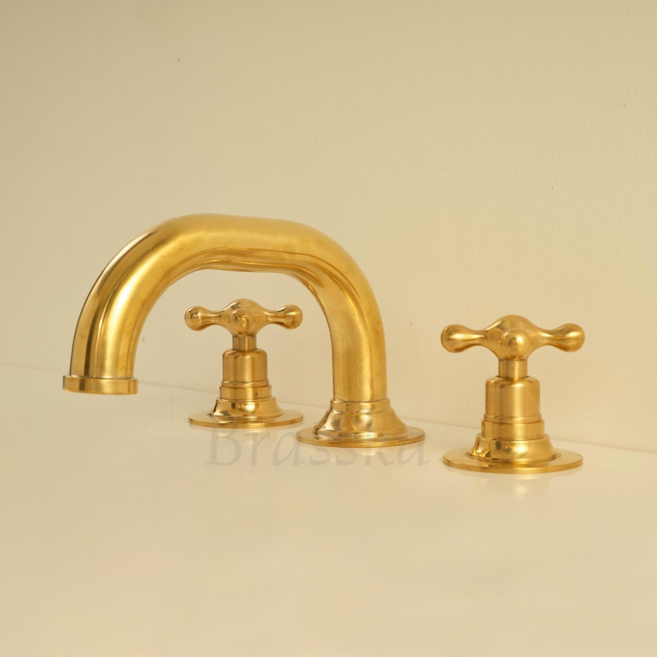 Unlacquered Brass Deck Mount Bathroom Faucet with Antique Finish