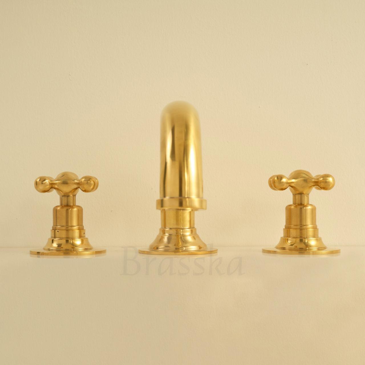 Unlacquered Brass Deck Mount Bathroom Faucet with Antique Finish