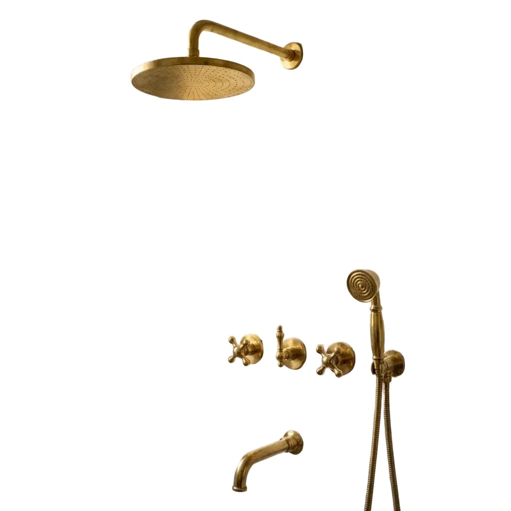 Unlacquered Brass Exposed Shower System with Handheld Tub Faucet