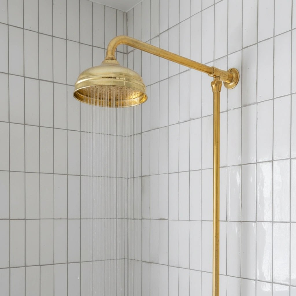 Unlacquered Brass Shower System with Wall Mount Mixer and Handheld Shower