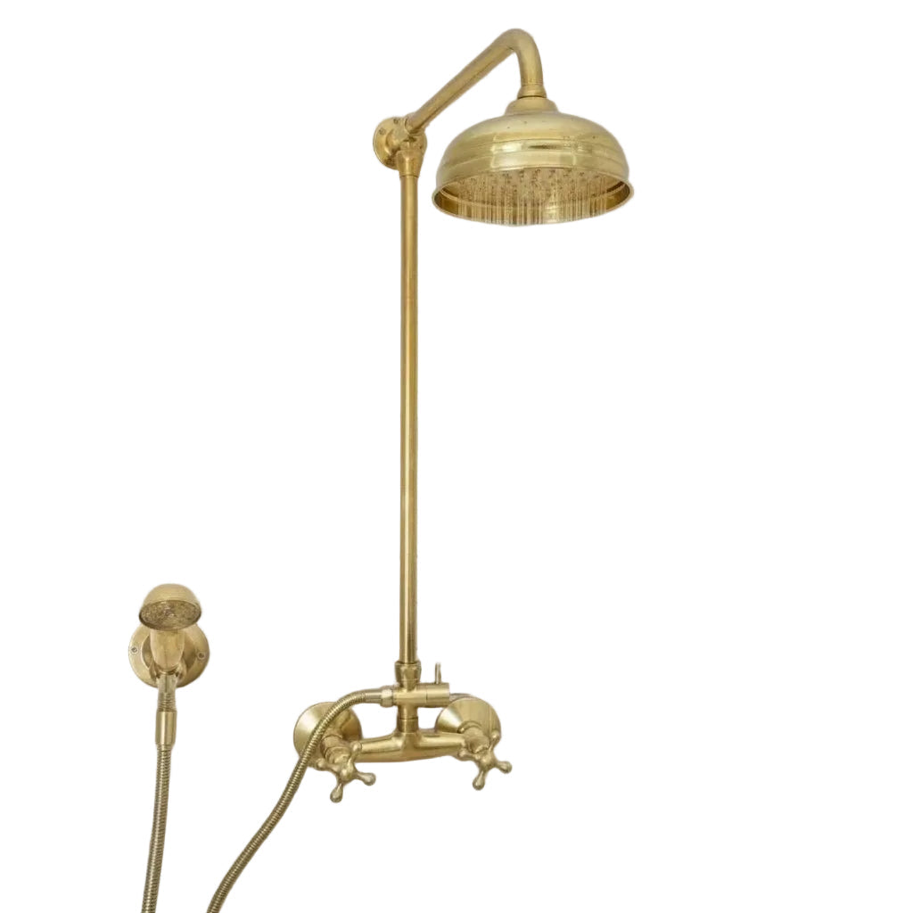 Unlacquered Brass Shower System with Wall Mount Mixer and Handheld Shower