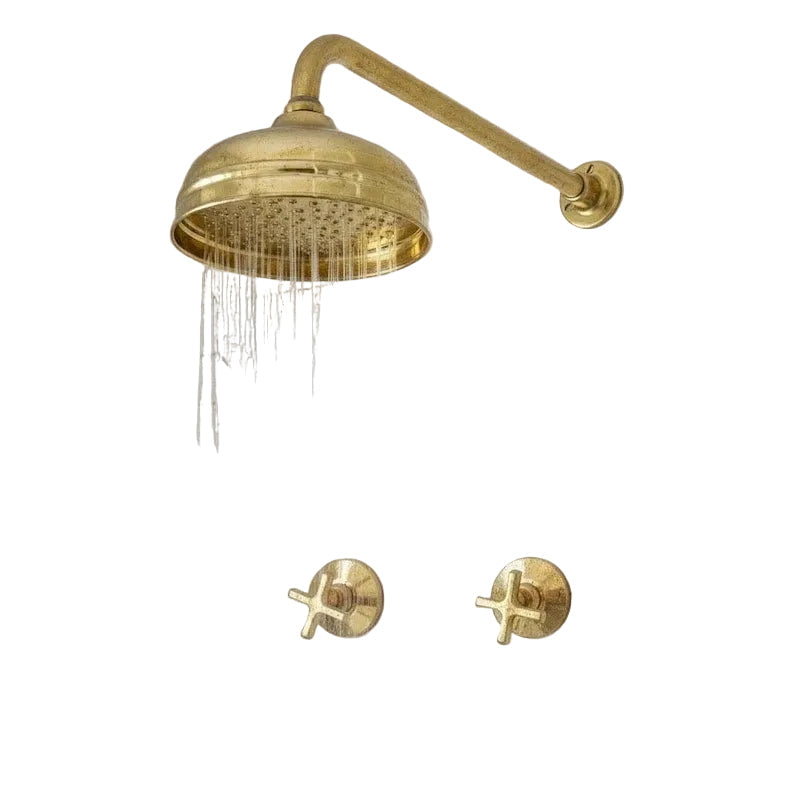 Unlacquered Brass Shower System with Wall Mount Rain Head and Cross Valves