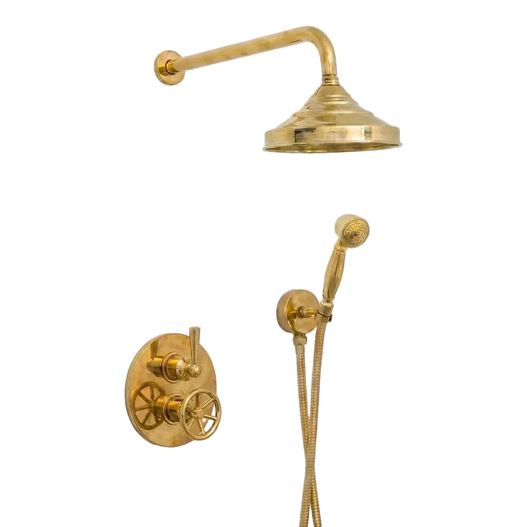 Unlacquered Brass Thermostatic Mixer Shower System –Rain Head with Handheld