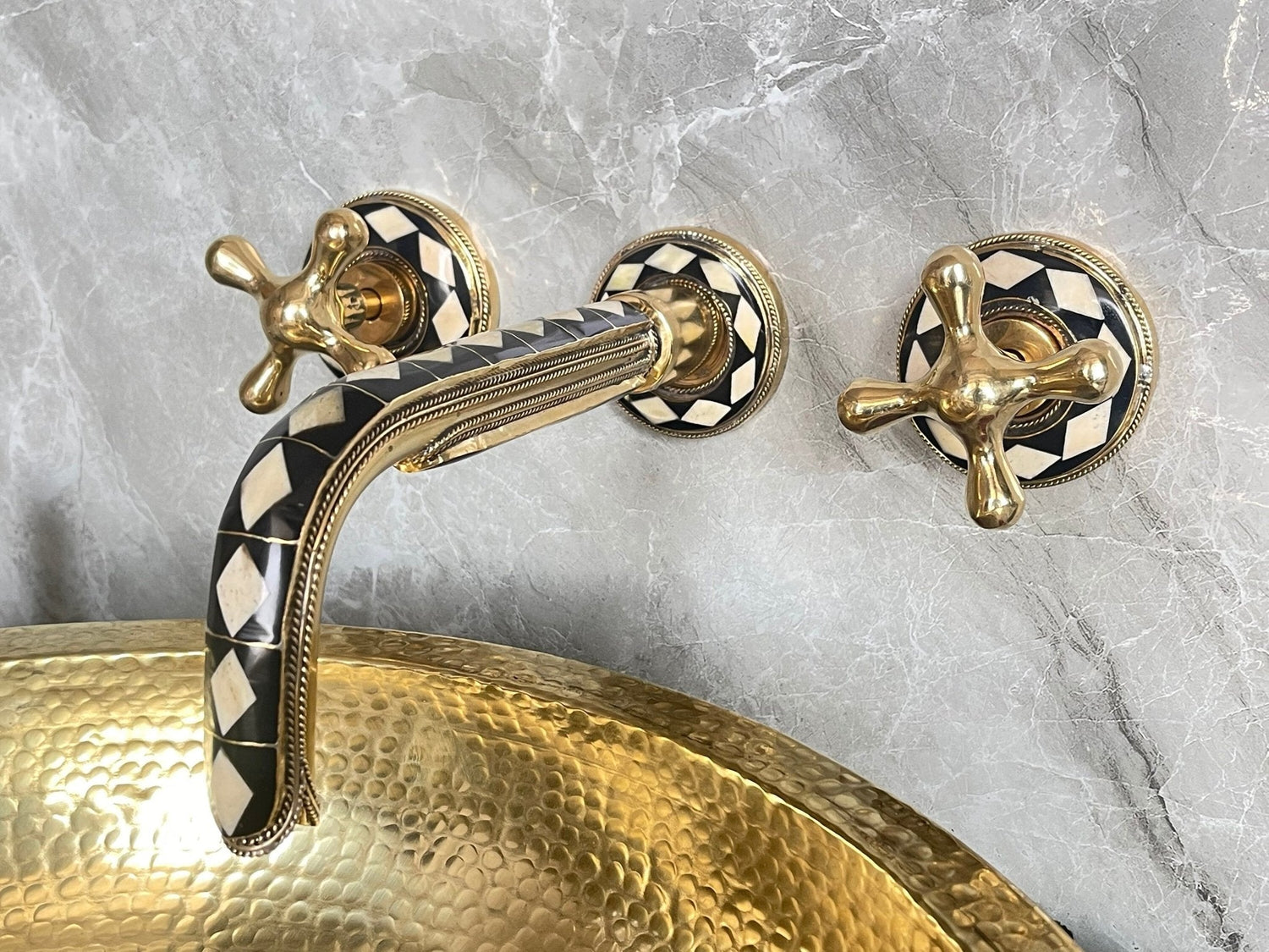 Unlacquered Brass Wall Faucet - Bone & Resin Inlay Tap