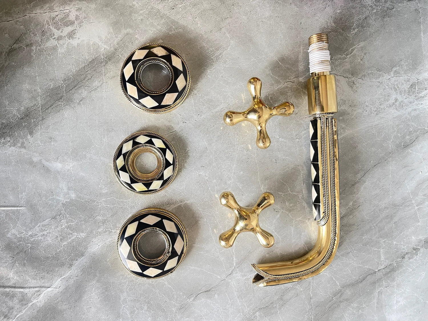 Unlacquered Brass Wall Faucet - Bone & Resin Inlay Tap