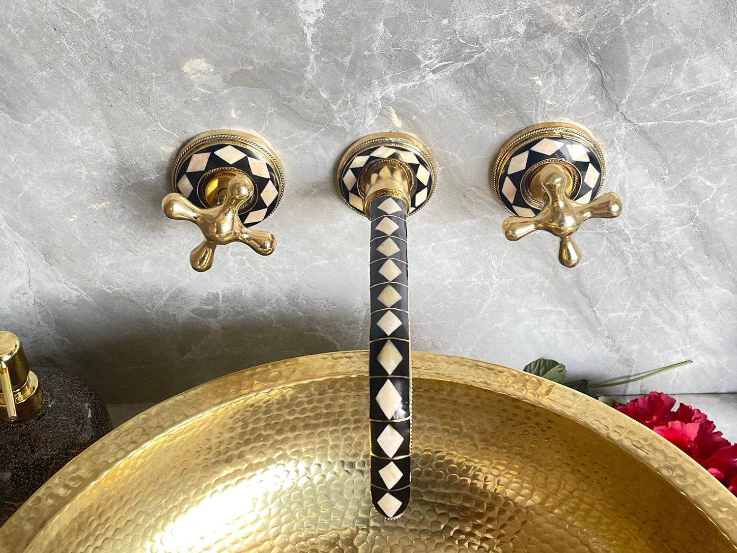 Unlacquered Brass Wall Faucet - Bone & Resin Inlay Tap