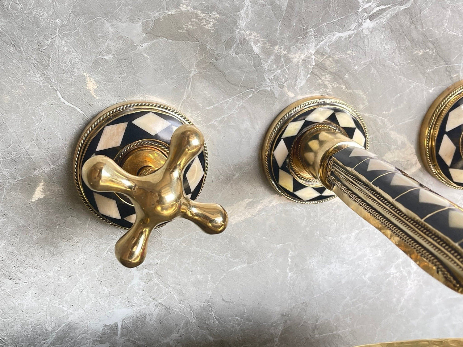Unlacquered Brass Wall Faucet - Bone & Resin Inlay Tap