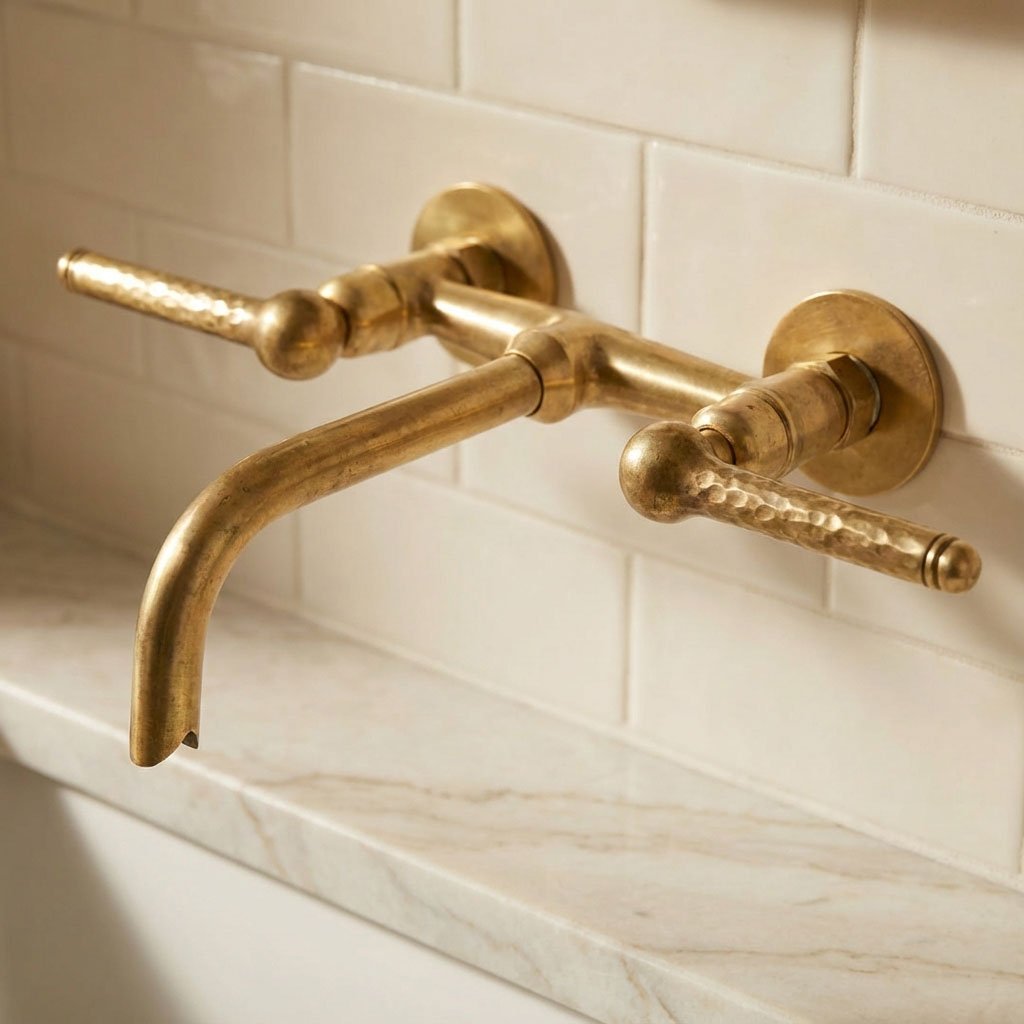 Unlacquered Brass Wall Faucet with Hammered Lever Handle