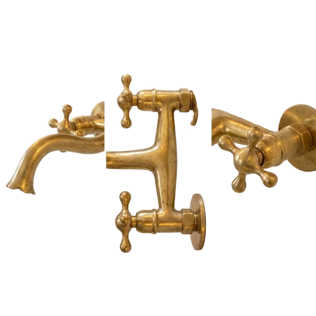 Unlacquered Brass Wall Faucet with Cross Handles Handmade Tap