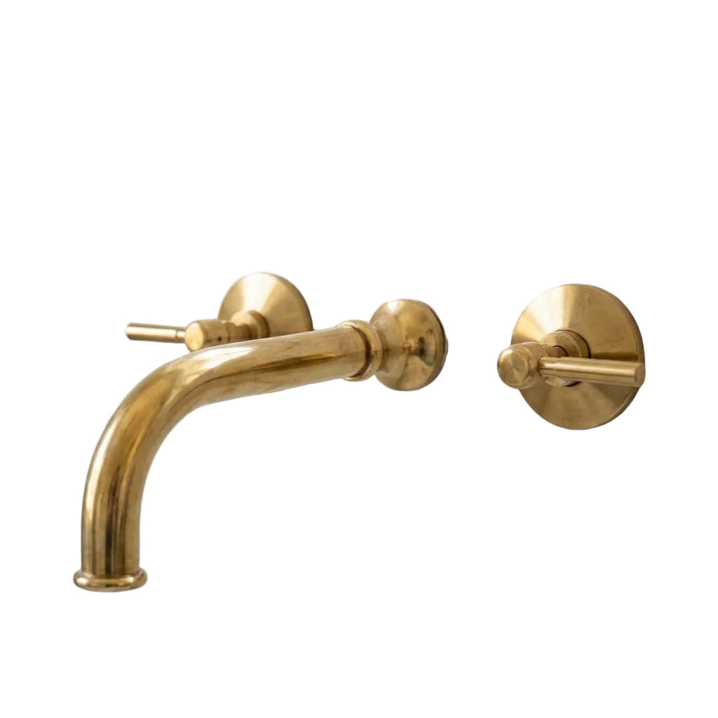 Unlacquered Brass Wall Mount Bathroom Faucet with Lever Handles – Handmade Solid Brass Sink Tap