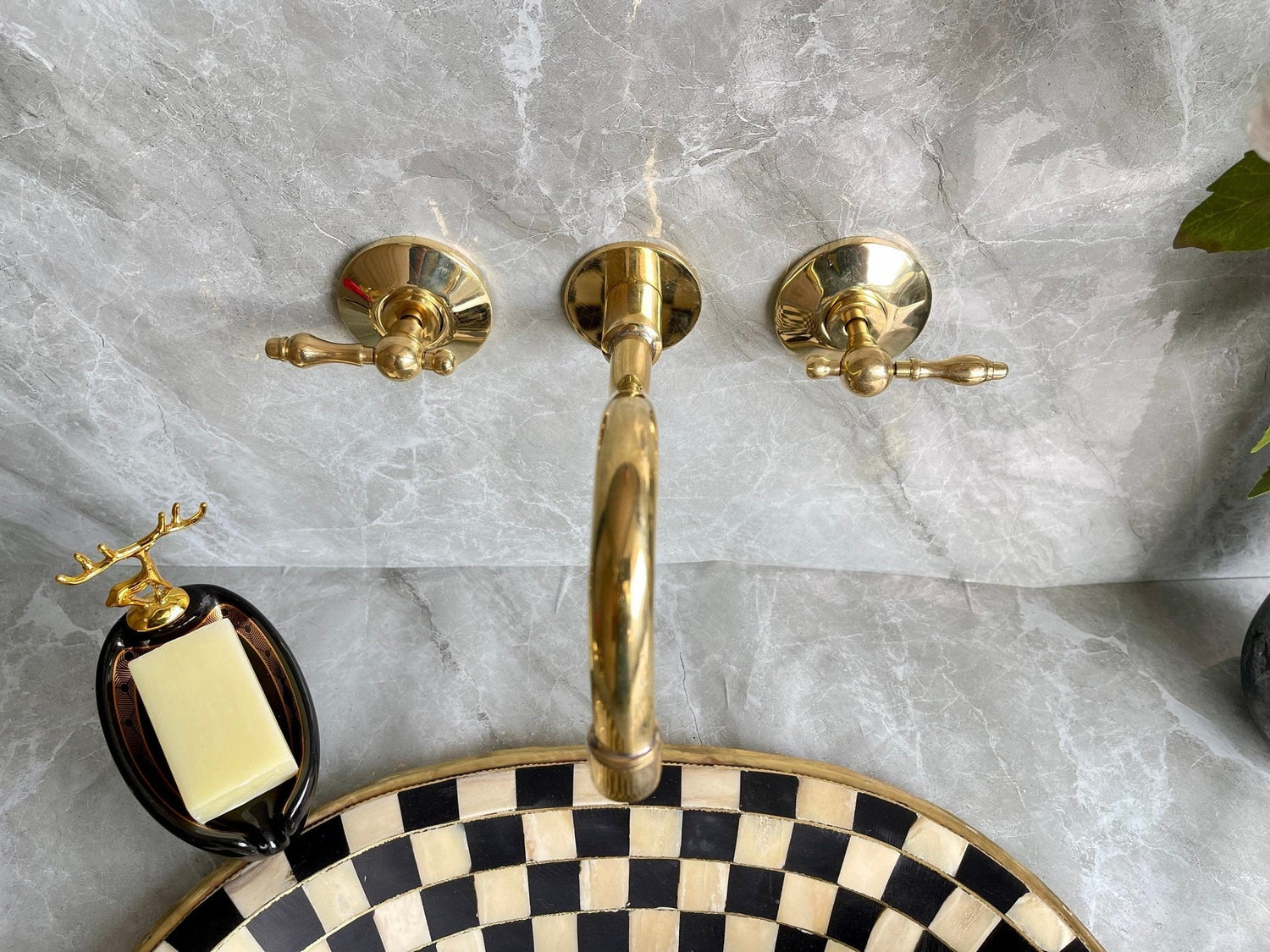 Unlacquered Brass Wall Mount Bathroom Faucet with Mixer Valve