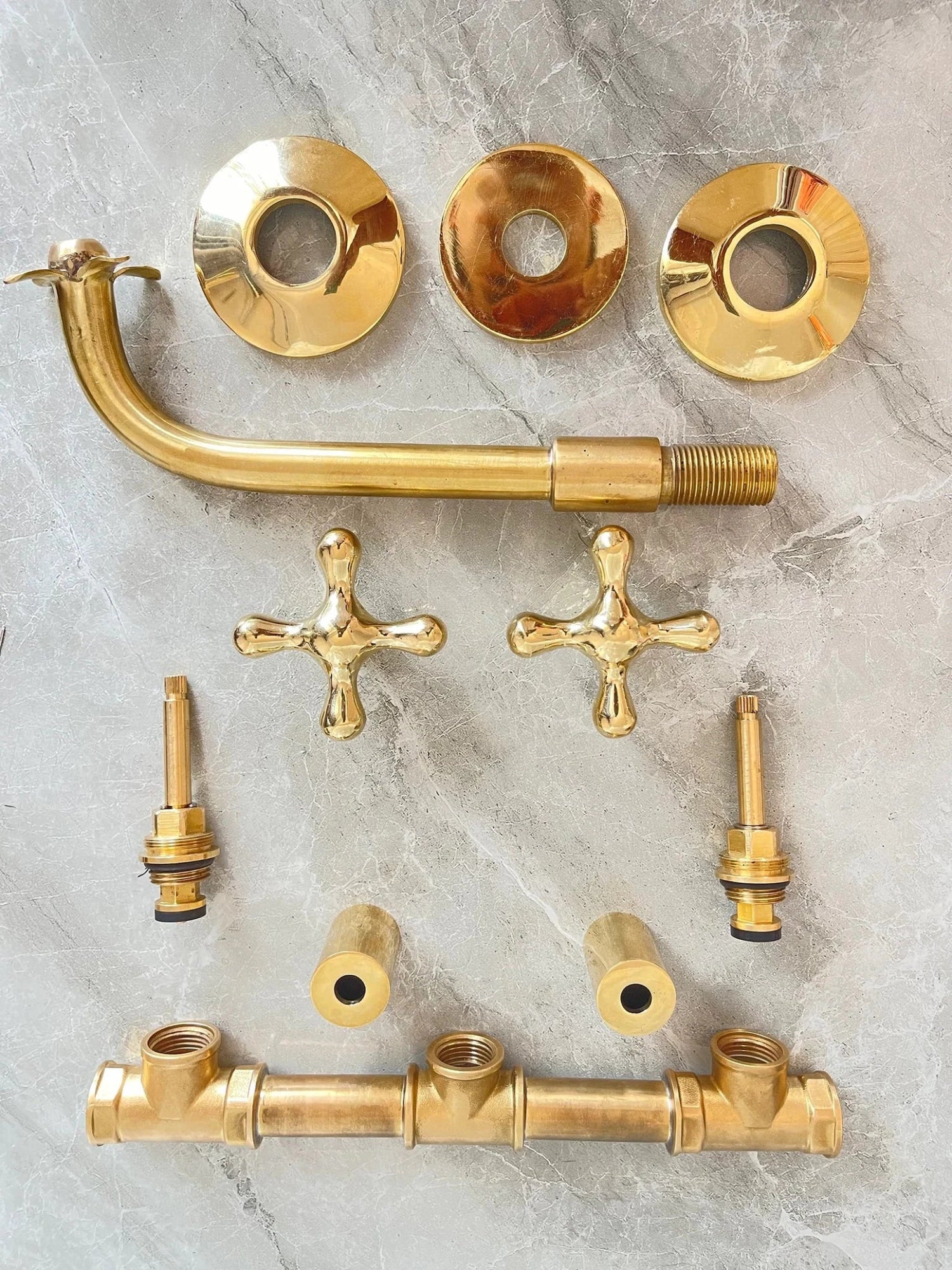 Unlacquered Brass Wall Mount Faucet - Moroccan Flower Cross Handles