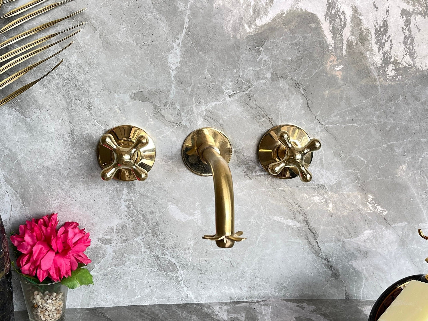 Unlacquered Brass Wall Mount Faucet - Moroccan Flower Cross Handles