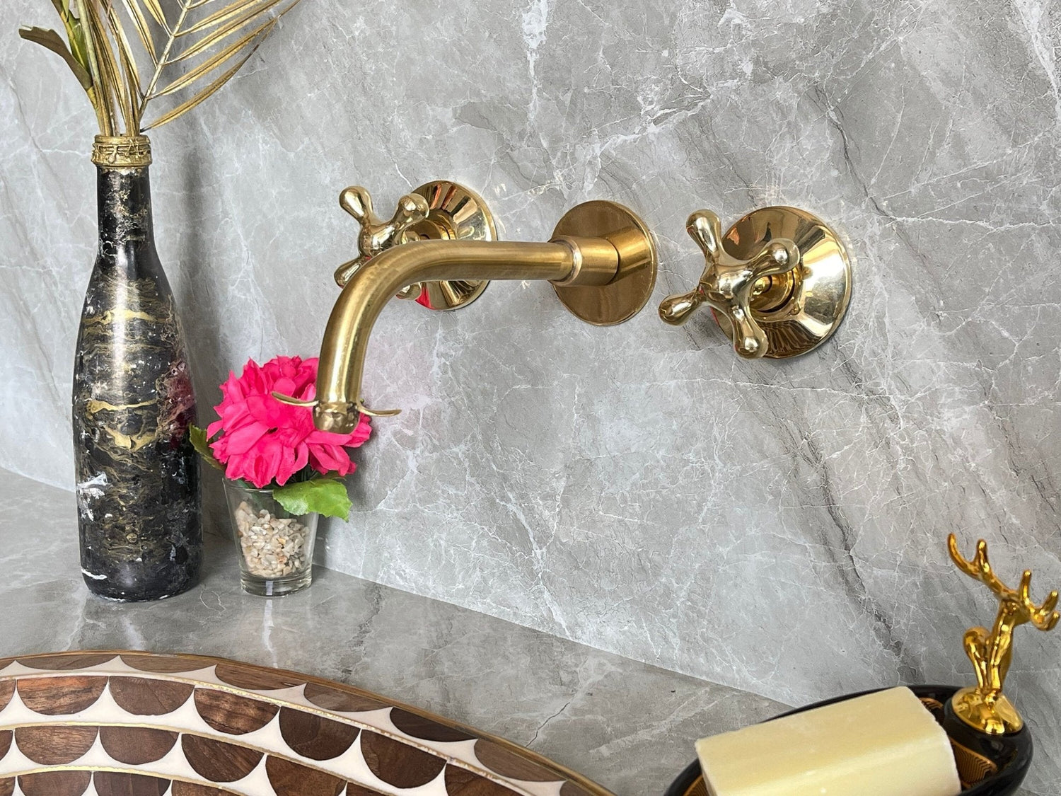 Unlacquered Brass Wall Mount Faucet - Moroccan Flower Cross Handles