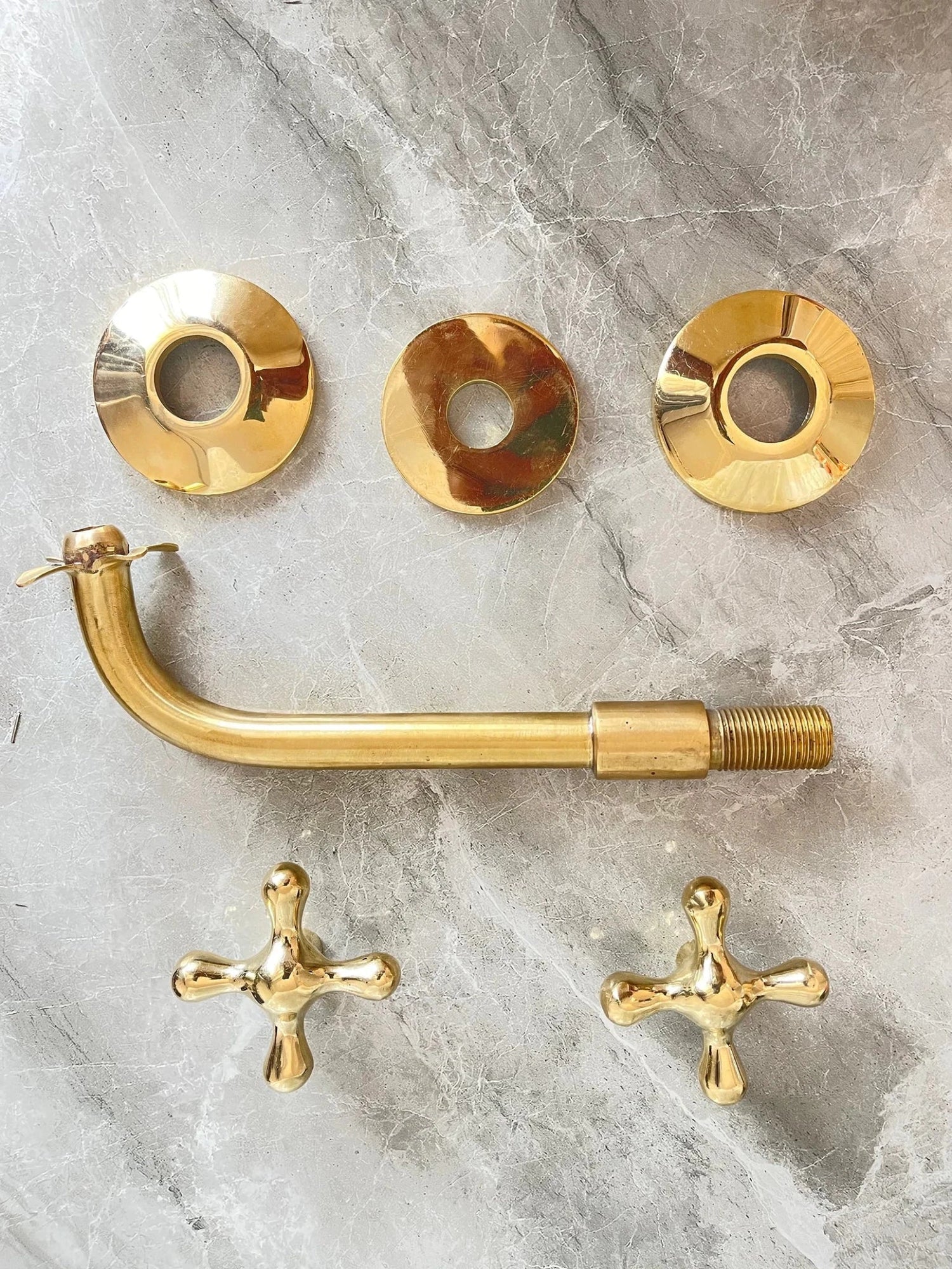 Unlacquered Brass Wall Mount Faucet - Moroccan Flower Cross Handles