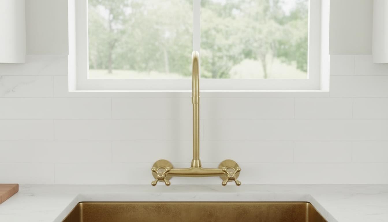 Unlacquered Brass Wall Mount Kitchen Faucet - Vintage Bridge Tap