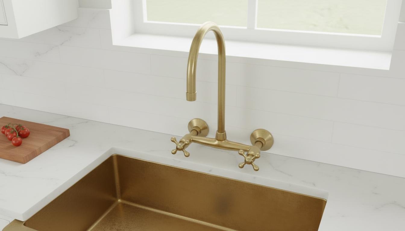 Unlacquered Brass Wall Mount Kitchen Faucet - Vintage Bridge Tap