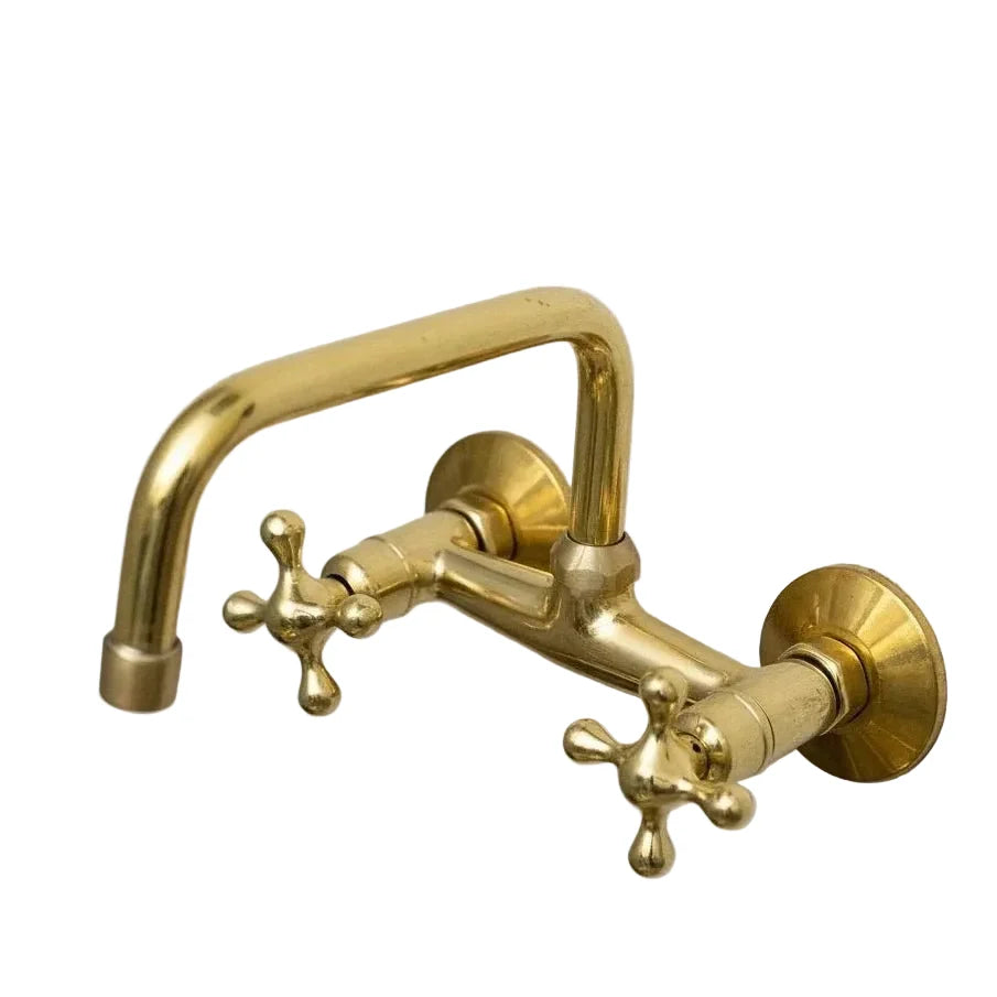 Unlacquered Brass Wall Mount Kitchen Faucet – Vintage Farmhouse Sink Tap with Cross Handles