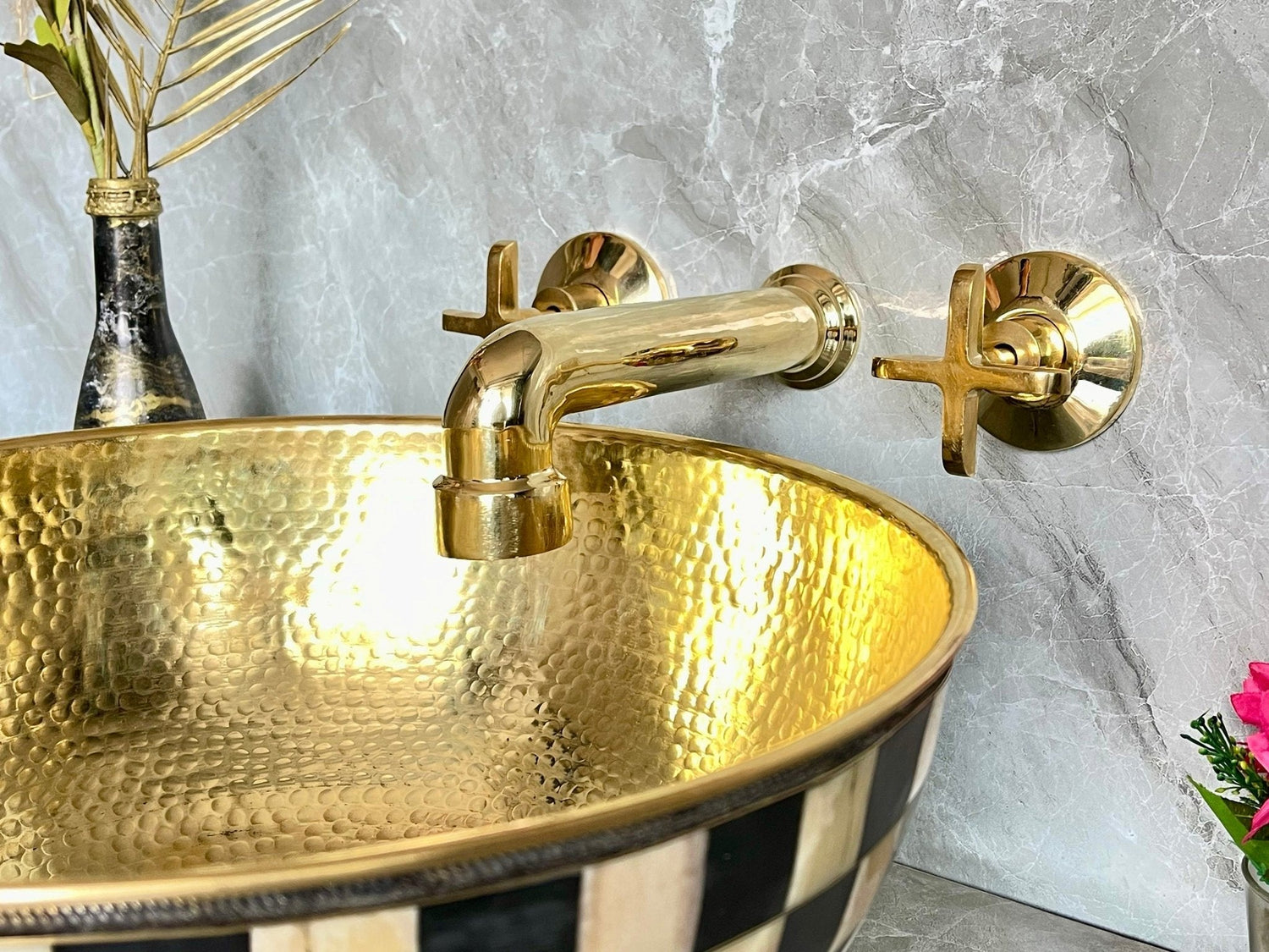 Unlacquered Brass Wall Mounted Bathroom Faucet - Handmade Smooth Tap