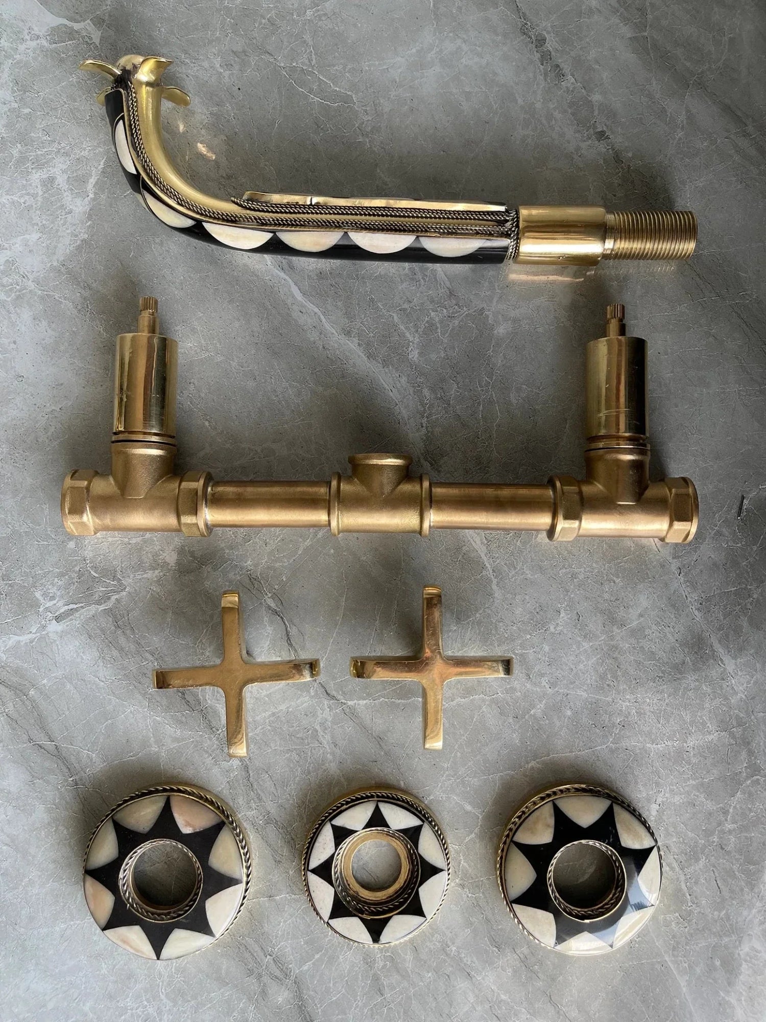 Unlacquered Brass Wall Mounted Bathroom Faucet - Resin & Bone Cross Handle Tap
