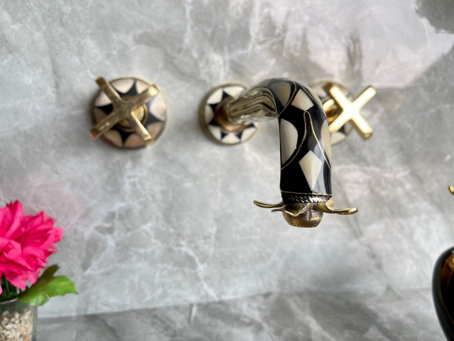 Unlacquered Brass Wall Mounted Bathroom Faucet - Resin & Bone Cross Handle Tap