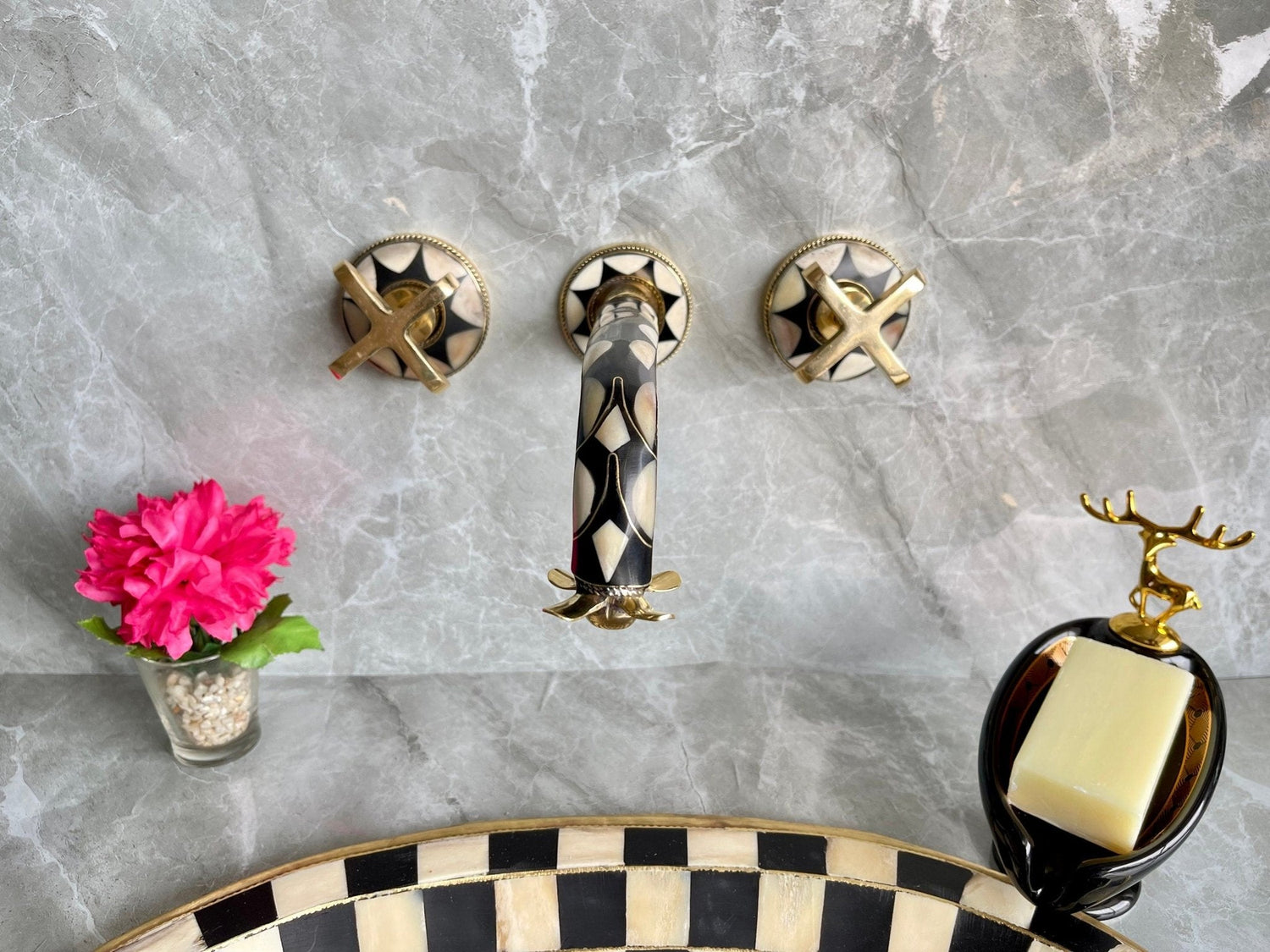 Unlacquered Brass Wall Mounted Bathroom Faucet - Resin & Bone Cross Handle Tap