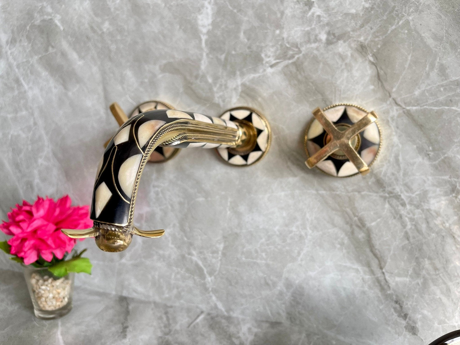 Unlacquered Brass Wall Mounted Bathroom Faucet - Resin & Bone Cross Handle Tap