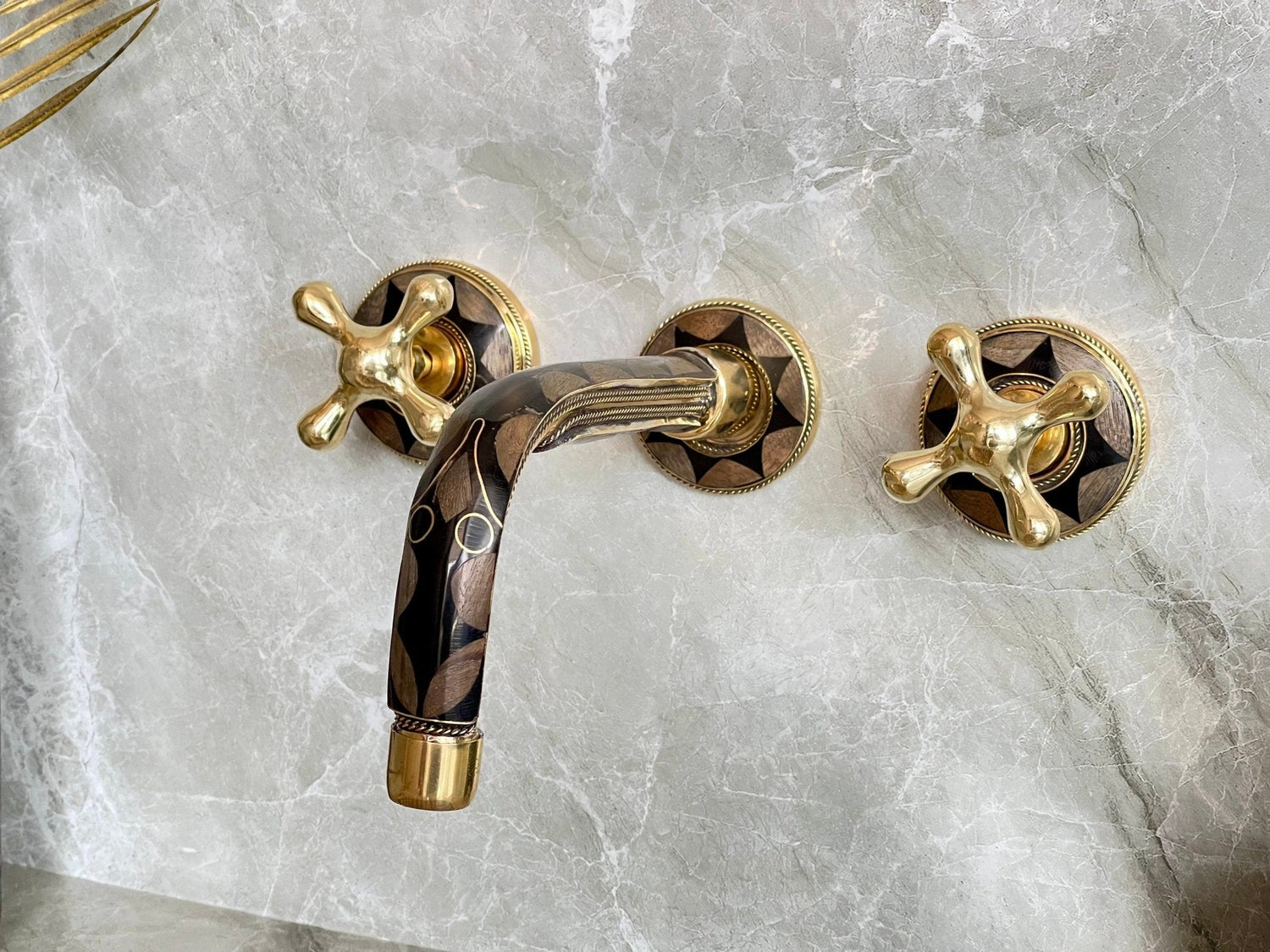 Unlacquered Brass Wall Mounted Faucet - Bone & Resin Inlay Bathroom Tap