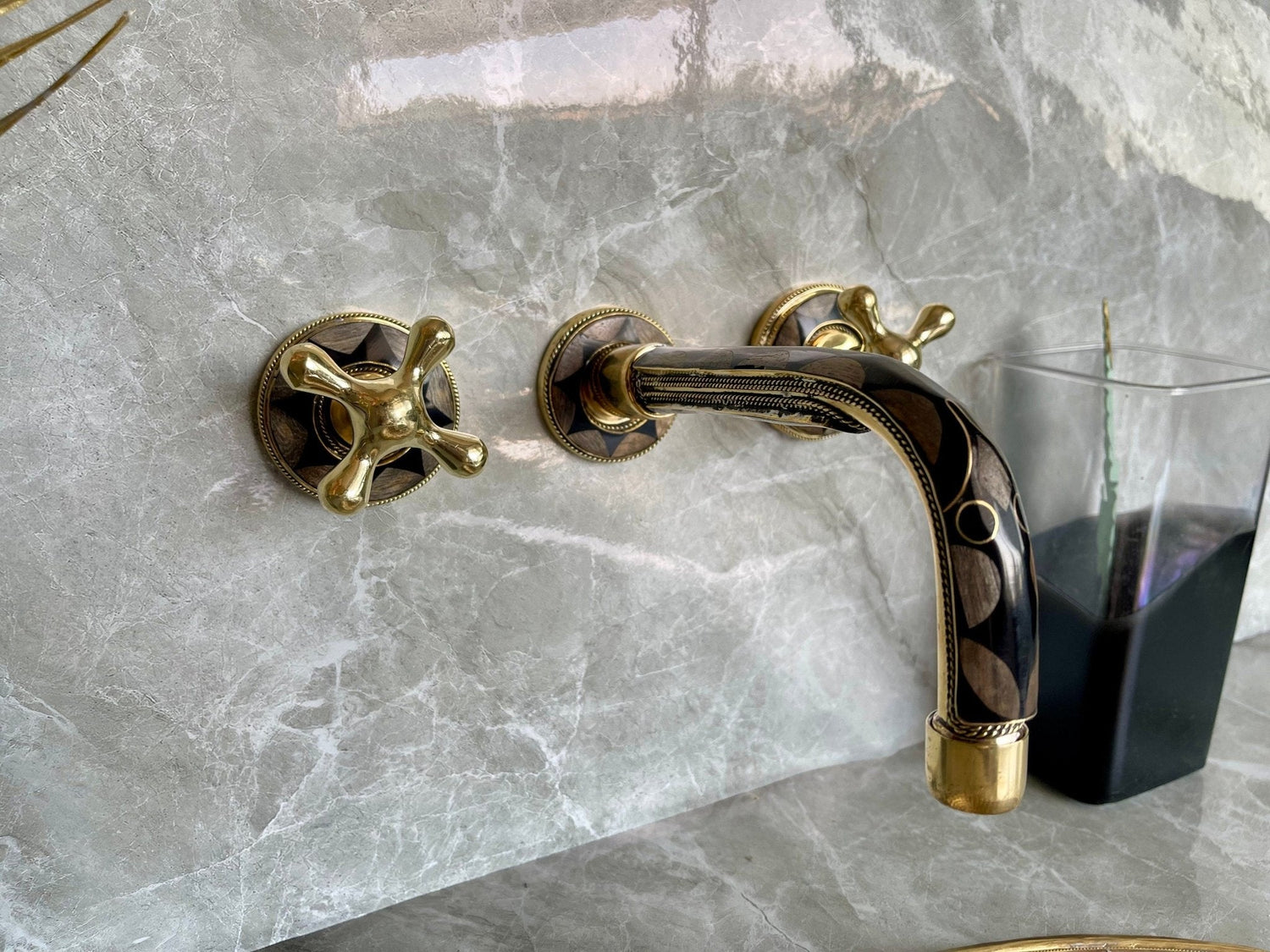 Unlacquered Brass Wall Mounted Faucet - Bone & Resin Inlay Bathroom Tap