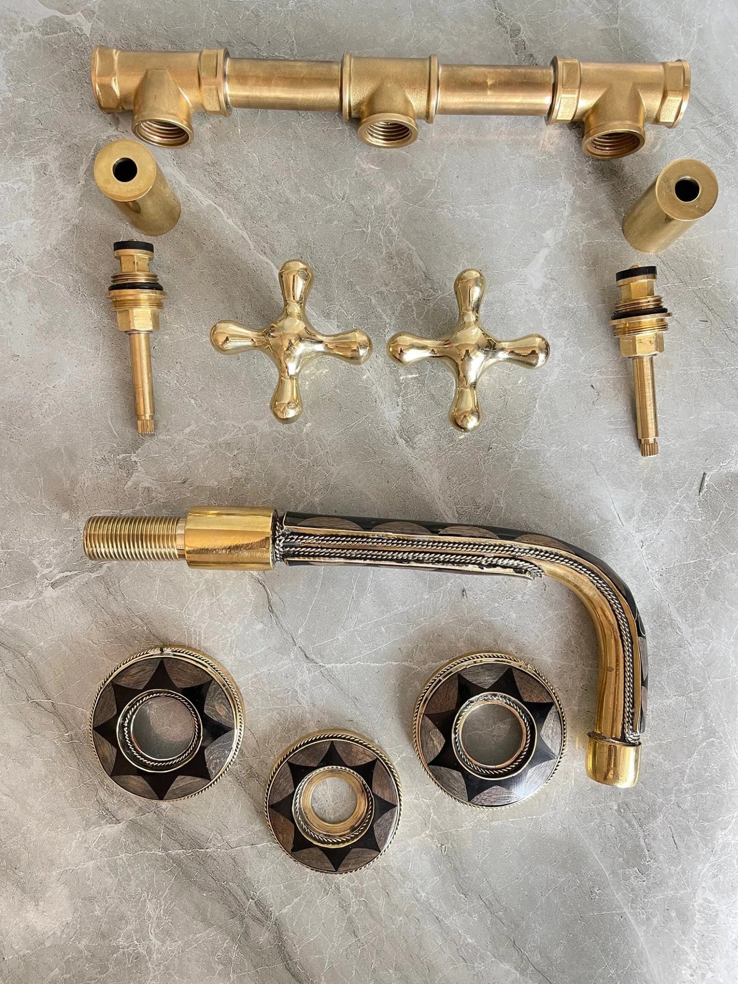 Unlacquered Brass Wall Mounted Faucet - Bone & Resin Inlay Bathroom Tap