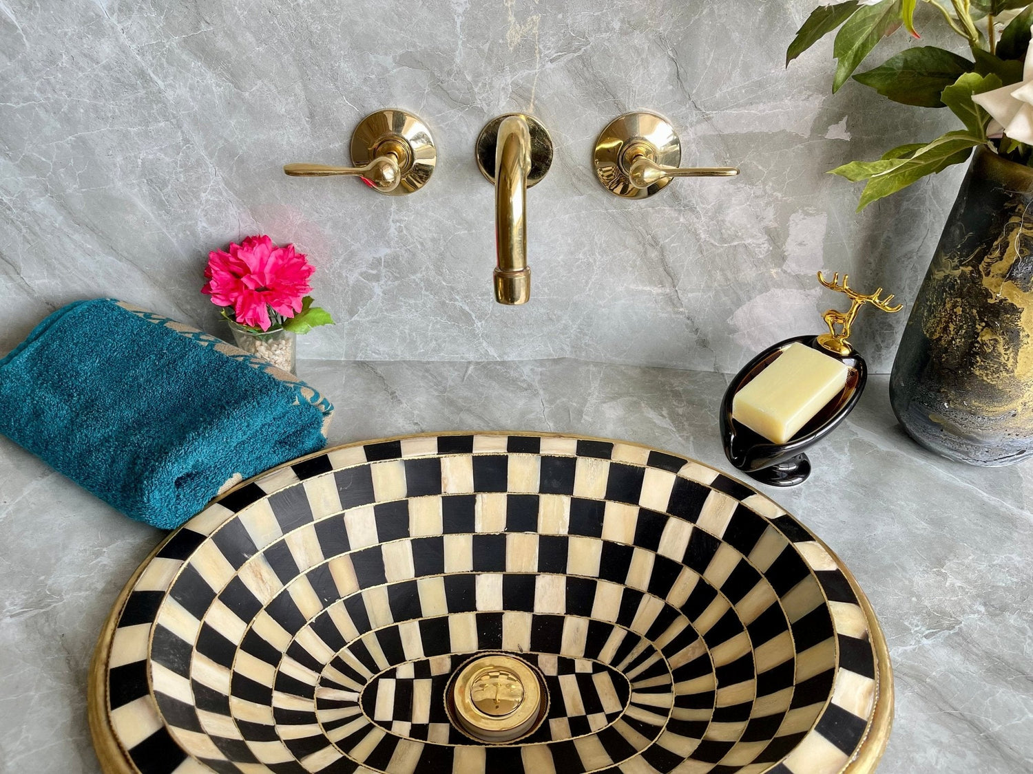 Unlacquered Brass Wall Mounted Faucet - Handmade Cross Handle Tap