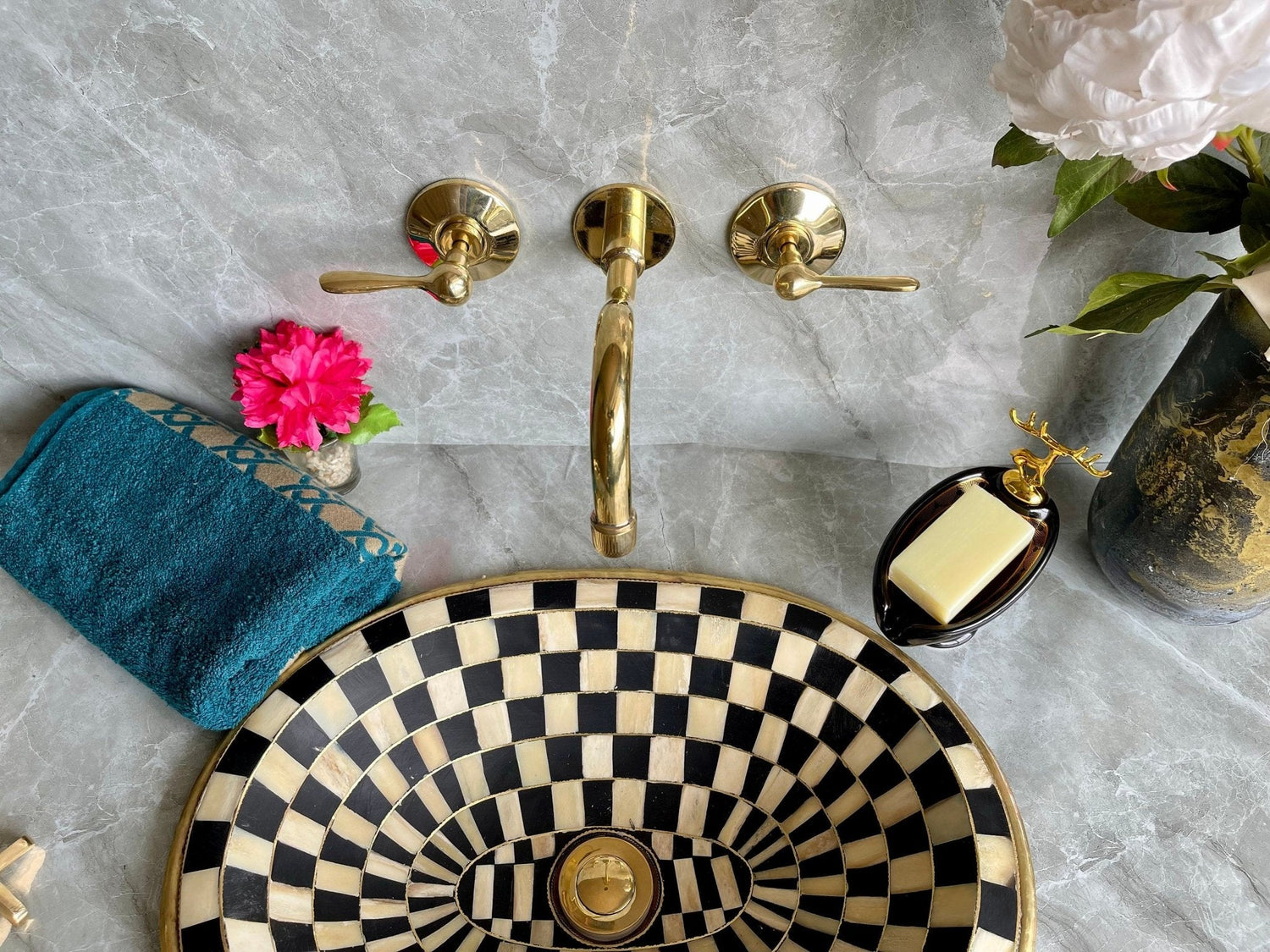 Unlacquered Brass Wall Mounted Faucet - Handmade Cross Handle Tap