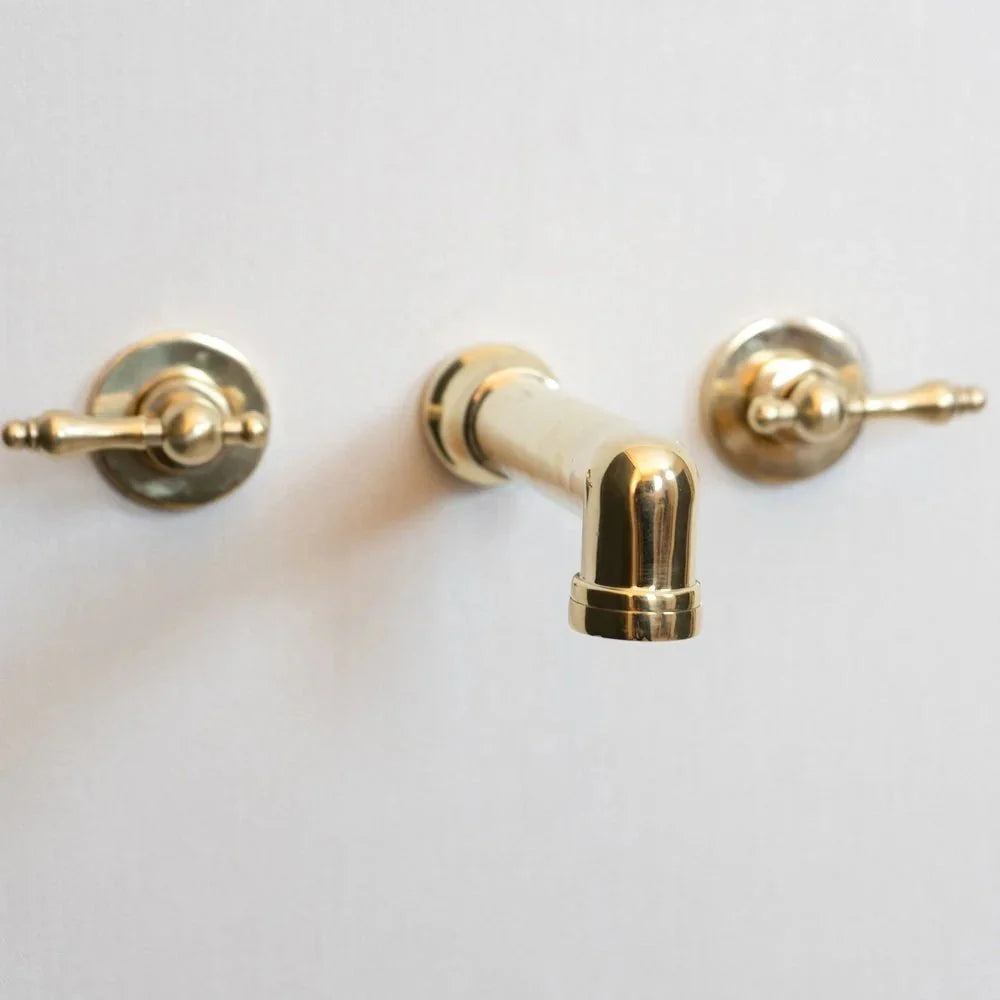 Unlacquered Brass Wall Mounted Bathroom Faucet with Lever Handles