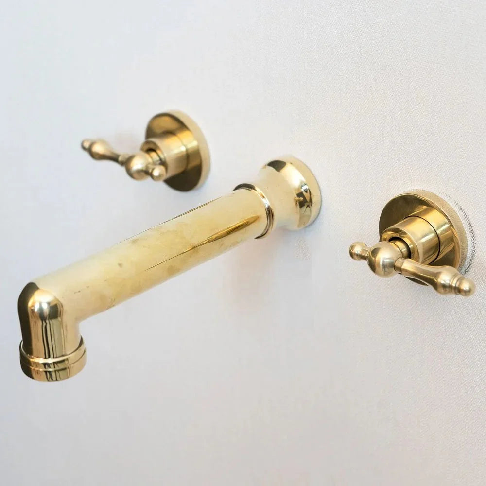 Unlacquered Brass Wall Mounted Bathroom Faucet with Lever Handles