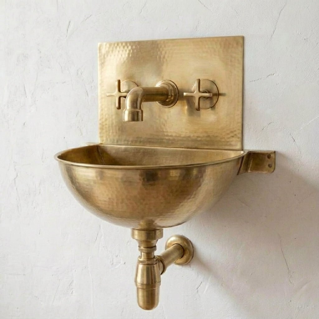 Unlacquered Brass Wall Mount Bathroom Sink with Hammered Basin