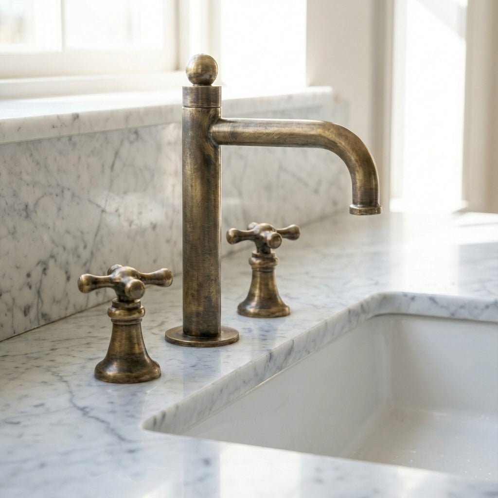 Unlacquered Brass Widespread Bathroom Faucet with Brass Cross Handle Tap