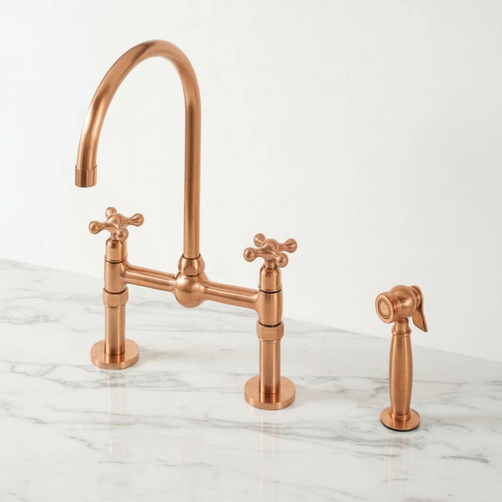 Unlacquered Copper Bridge Faucet - Farmhouse Kitchen Tap with Sprayer
