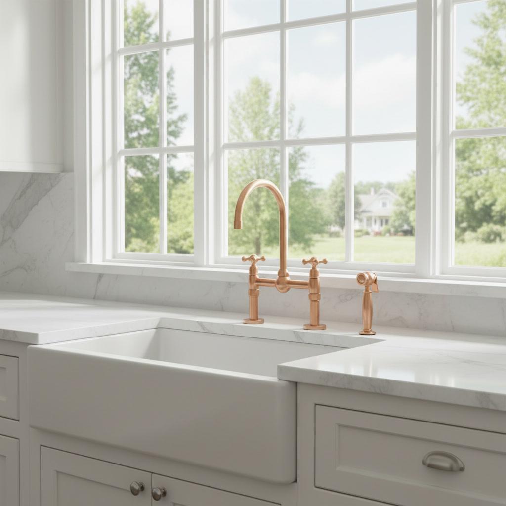 Unlacquered Copper Bridge Faucet - Farmhouse Kitchen Tap with Sprayer