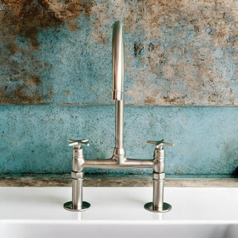 Unlacquered Nickel Bridge Kitchen Faucet - Solid Brass Flat Handles