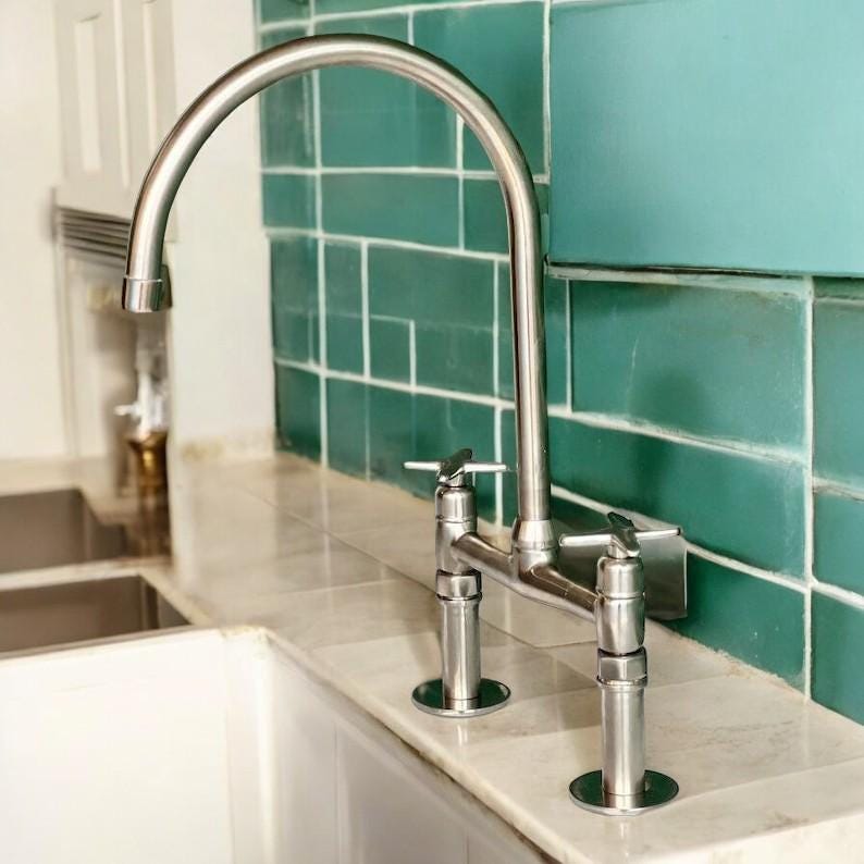 Unlacquered Nickel Bridge Kitchen Faucet - Solid Brass Flat Handles