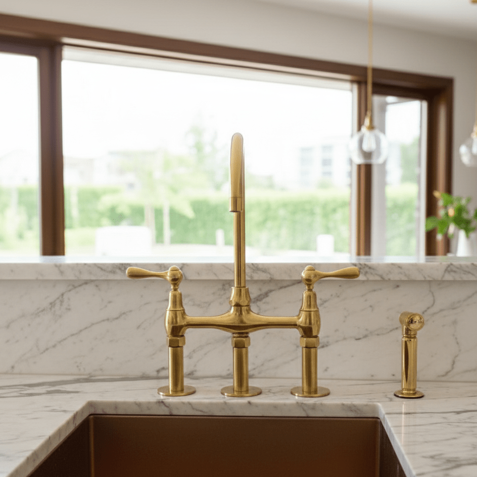 Unpainted Brass 3 Holes Bridge Kitchen Faucet for Elegant Homes