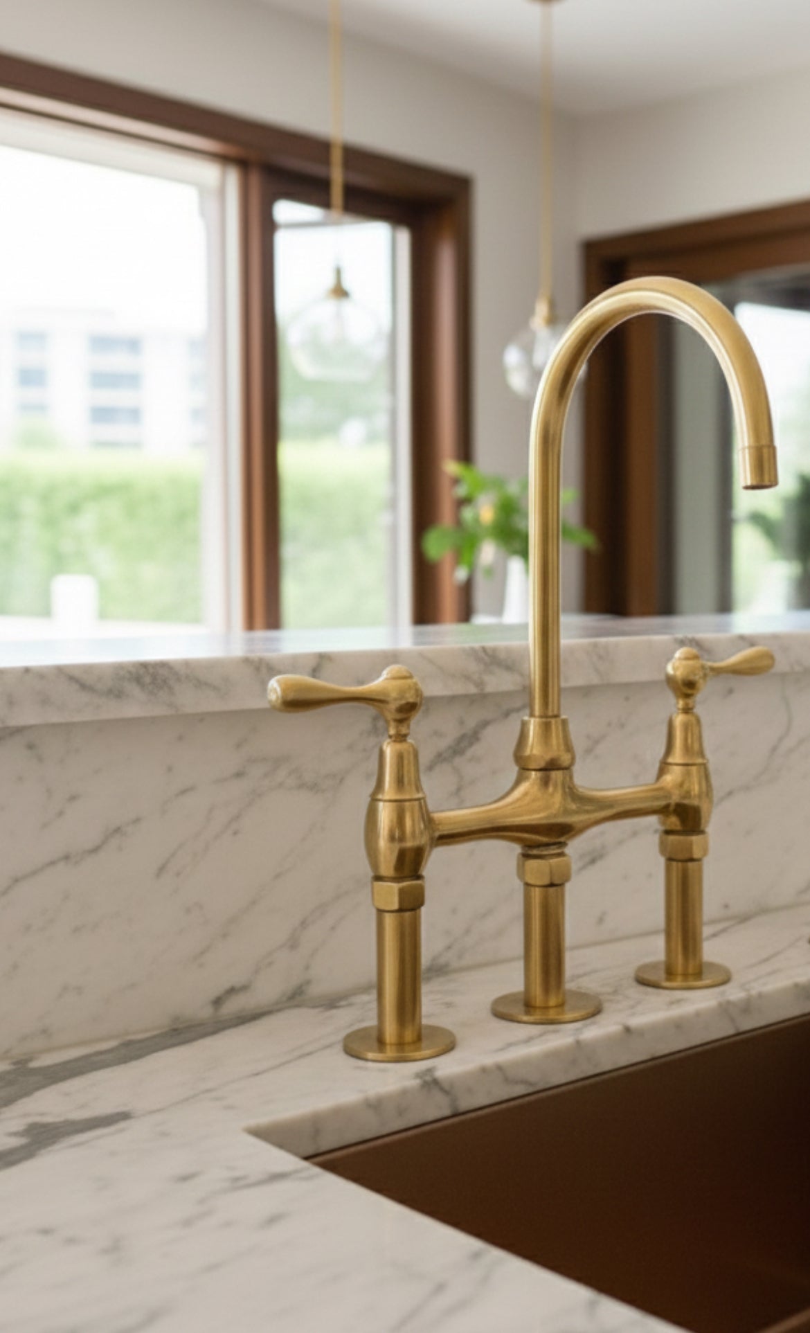 Unpainted Brass 3 Holes Bridge Kitchen Faucet for Elegant Homes