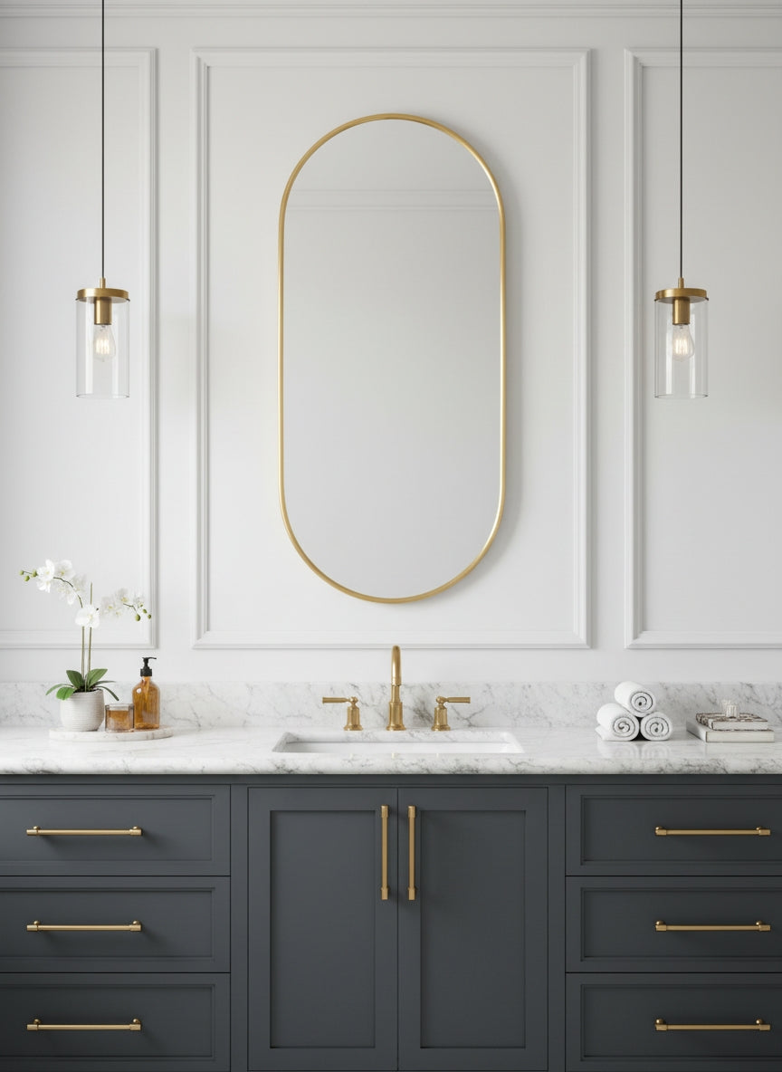 Varaudu Antique Brass Capsule Mirror Brass Wall Mirror - Antique Brass Bathroom Mirror, Vanity Wall Decor