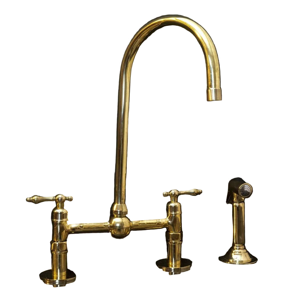 Victorian Bridge Kitchen Faucet with Side Sprayer – Unlacquered Brass