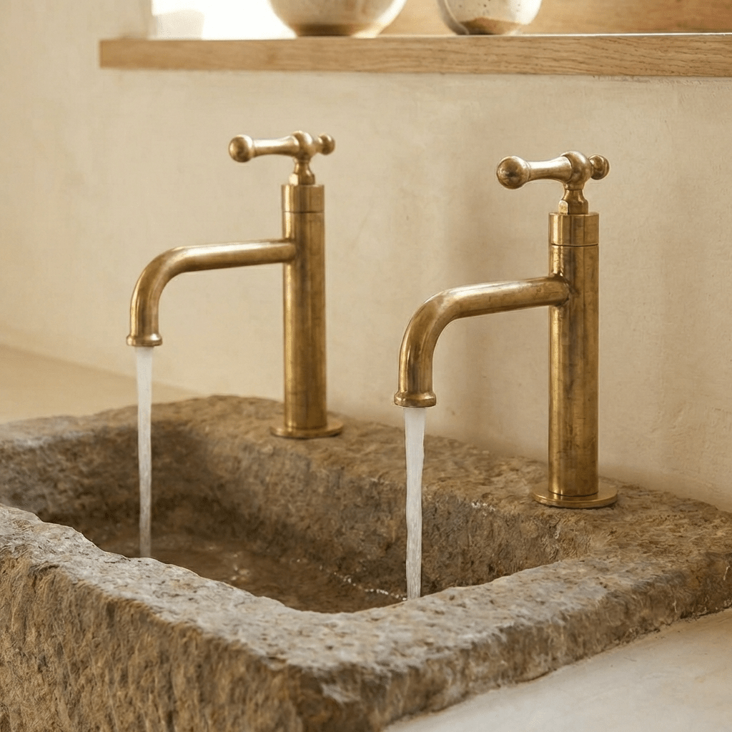 Victorian Style Brass Bathroom Faucet with Unlacquered Solid Brass Sink Tap